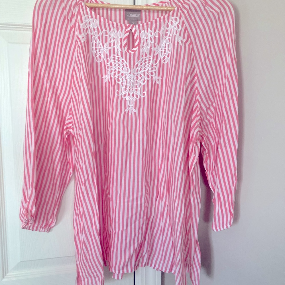 Chico’s Spring-Summer Top. Pink & White Stripe.  Lace at Neck.  Elastic in Arms.